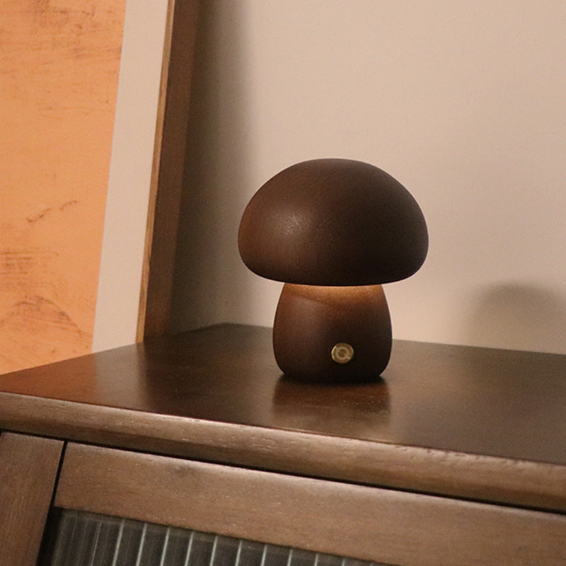 Wooden Mushroom LED Night Light - Touch Control Bedside Lamp.