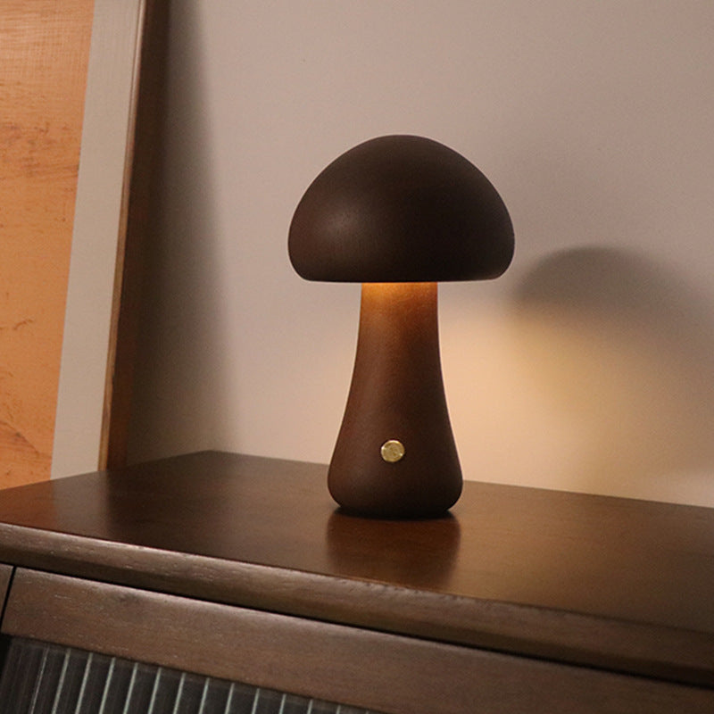 Wooden Mushroom LED Night Light - Touch Control Bedside Lamp.