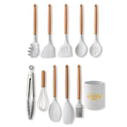 Marble Silicone Kitchen Utensil Set - Heat Resistant Wooden Handle Tools.