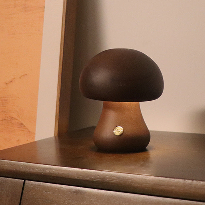 Wooden Mushroom LED Night Light - Touch Control Bedside Lamp.