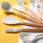 Marble Silicone Kitchen Utensil Set - Heat Resistant Wooden Handle Tools.
