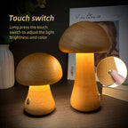 Wooden Mushroom LED Night Light - Touch Control Bedside Lamp.