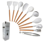 Marble Silicone Kitchen Utensil Set - Heat Resistant Wooden Handle Tools.
