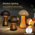 Wooden Mushroom LED Night Light - Touch Control Bedside Lamp.