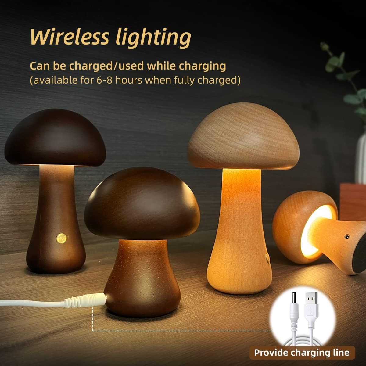 Wooden Mushroom LED Night Light - Touch Control Bedside Lamp.