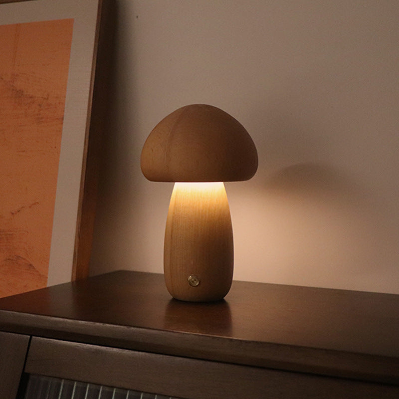 Wooden Mushroom LED Night Light - Touch Control Bedside Lamp.