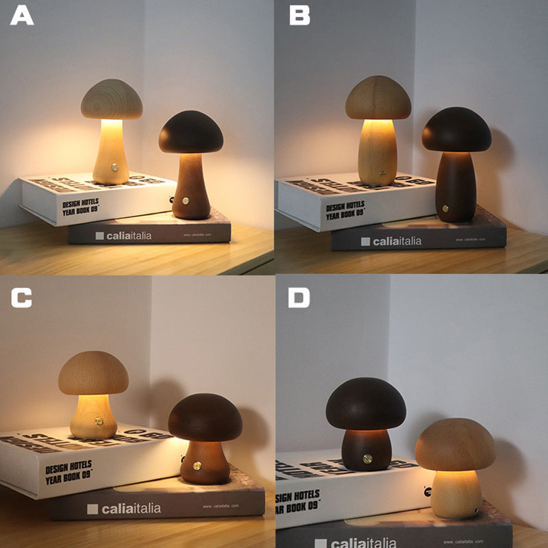 Wooden Mushroom LED Night Light - Touch Control Bedside Lamp.