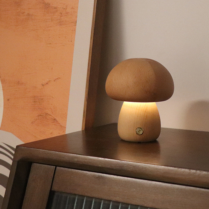 Wooden Mushroom LED Night Light - Touch Control Bedside Lamp.