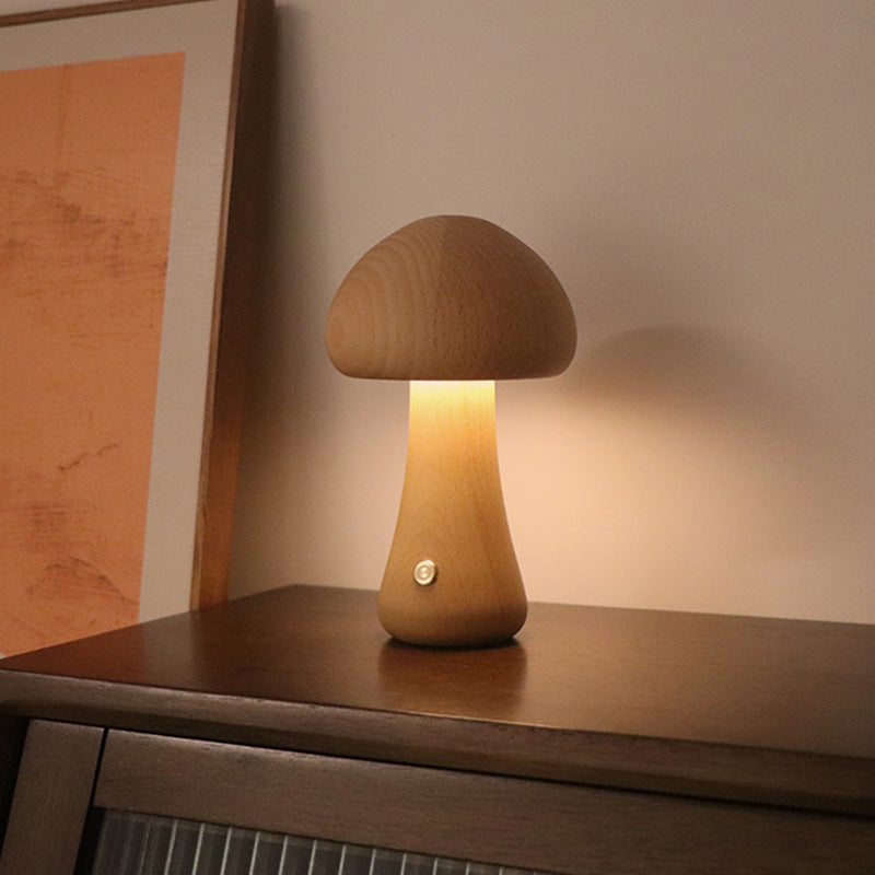 Wooden Mushroom LED Night Light - Touch Control Bedside Lamp.