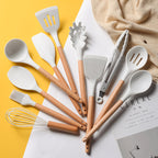 Marble Silicone Kitchen Utensil Set - Heat Resistant Wooden Handle Tools.